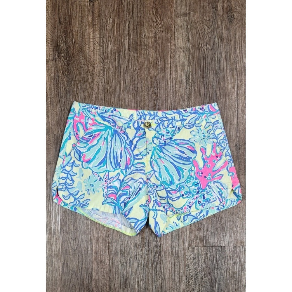 Lilly Pulitzer Adie Shorts Womens 00 Lemon Drop Swim Up Coral Shell Print Preppy